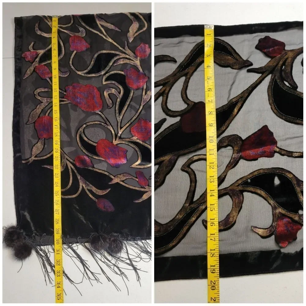 Burnout Velvet Black and Red Floral Scarf with Genuine Fur Pompoms